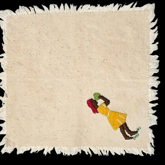 6 Vintage Caribbean Jamaican Napkins Embroidered Woman Man Basket Bananas Fringe - Picture 3 of 15